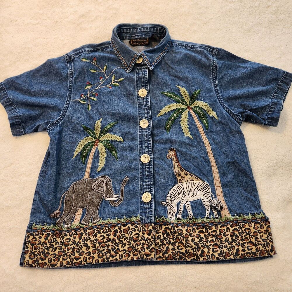 New Direction Blue Denim Shirt Jacket Safari Animals Appliqué Embroidery sz M